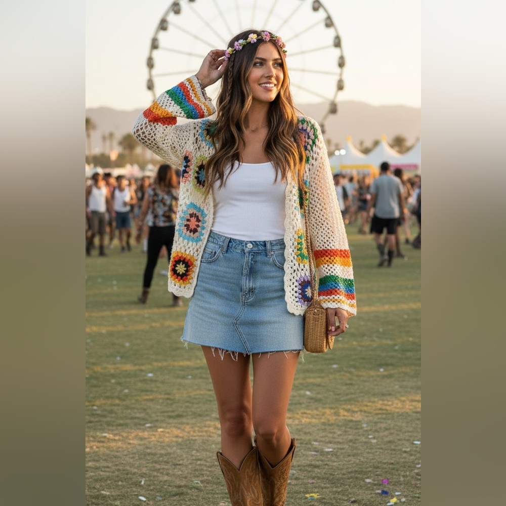 Boho Knit Cream Multi-Colored Rainbow Festival Indie Open Cardigan Sweater Large